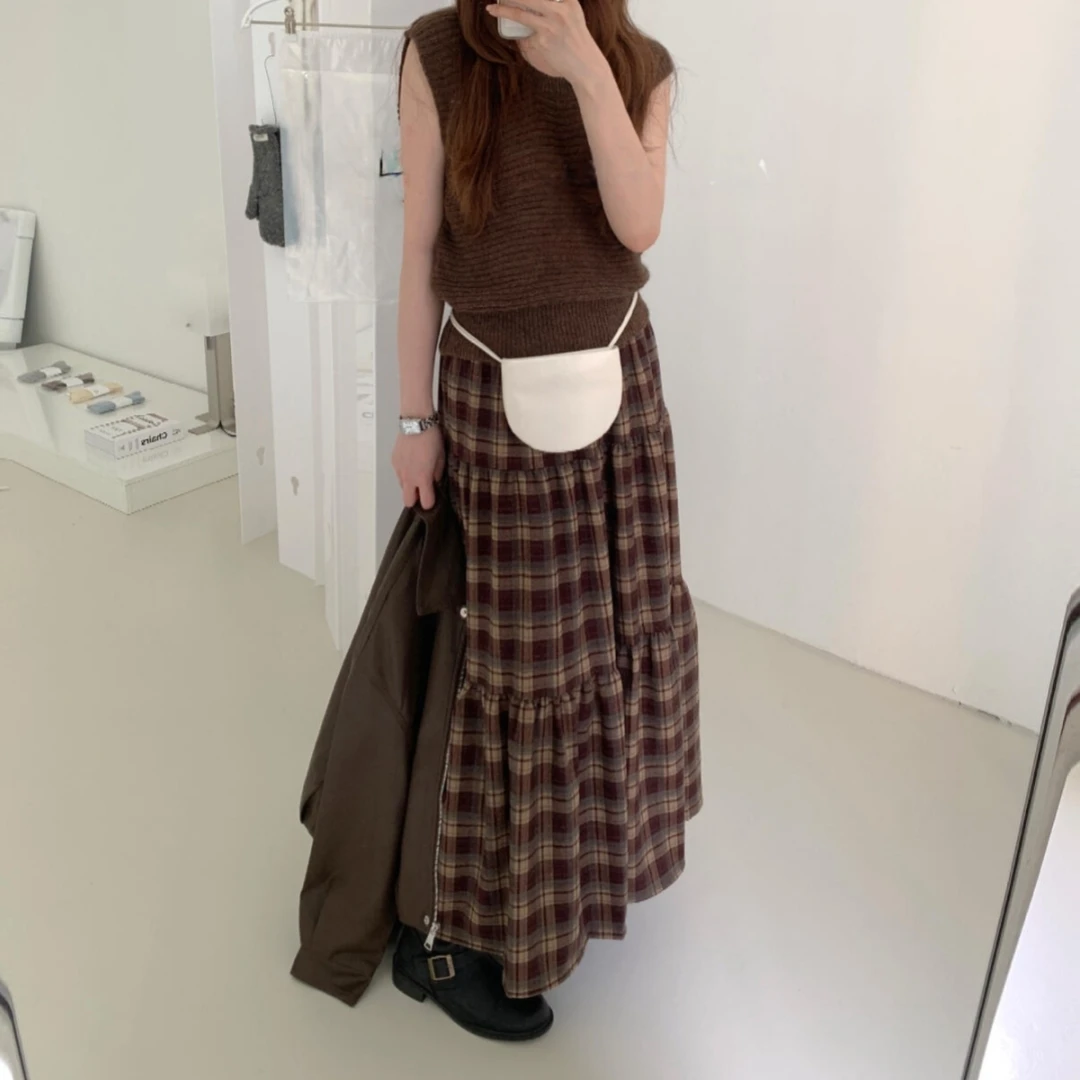 秋上新款格纹拼接蛋糕裙松紧高腰显瘦长裙不挑身材半身裙气质百搭
