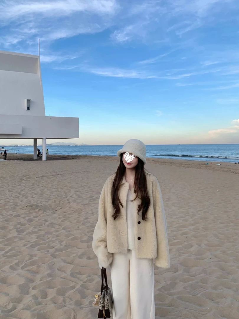 落日余晖 奶黄毛毛翻领外套