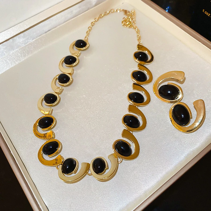 铜项链 精品/几何椭圆金属镶钻耳钉项链套装欧美宫廷风锁骨链女