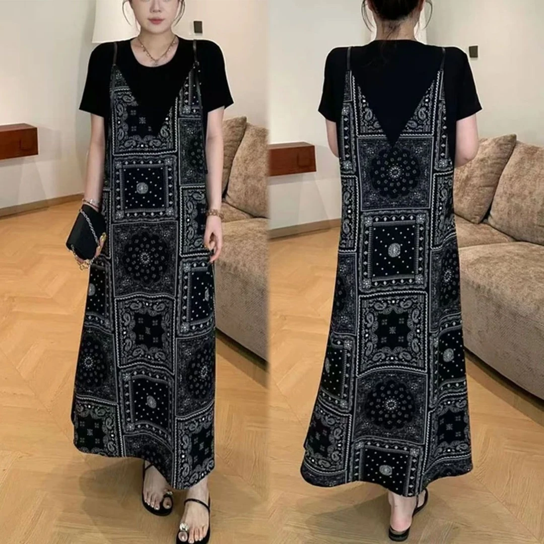2025夏季新款洋气休闲短袖中长款裙复古时尚印花拼接假两件连衣裙