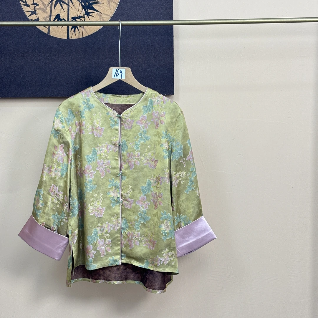 新中式气质红花绿叶七分袖外套0194