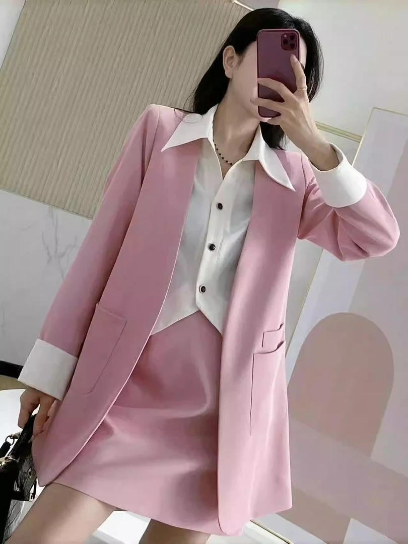 0348春季新款设计感拼接假两件西装套装时尚显瘦休闲短裙两件套