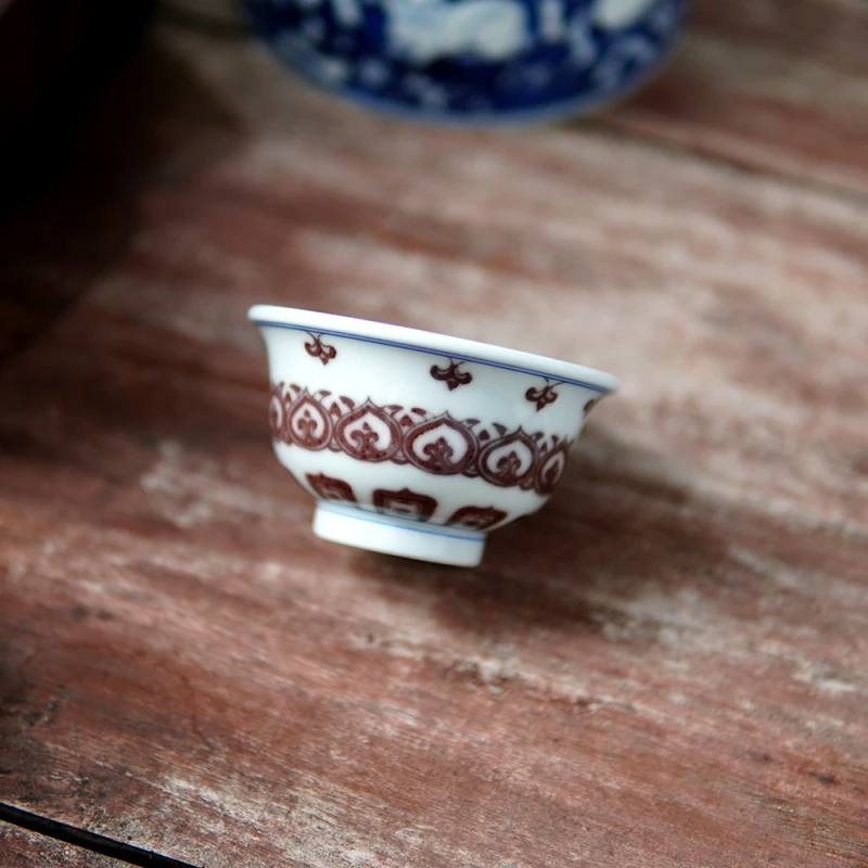 JM001复古精工窑口画师釉里红宝相压手杯-60毫升