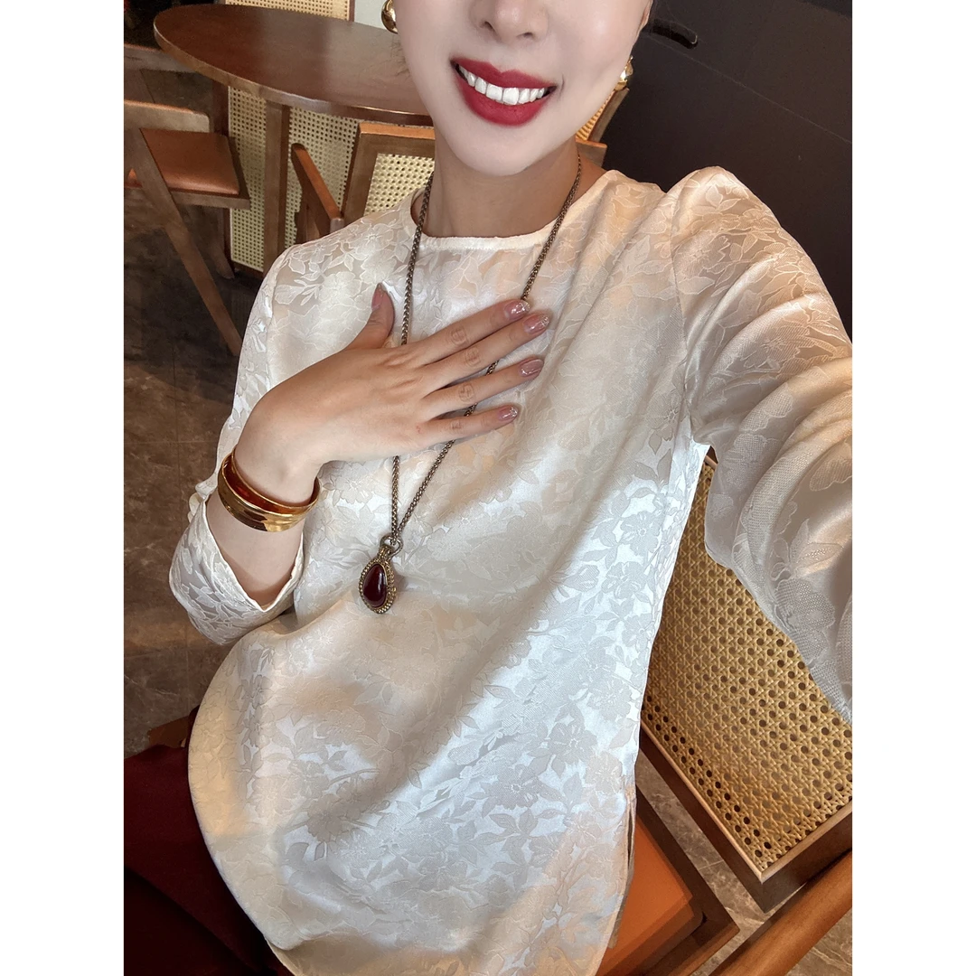 【老罗家】原创真丝衬衫桑蚕丝花罗提花长袖宽松显瘦圆领气质衬衣