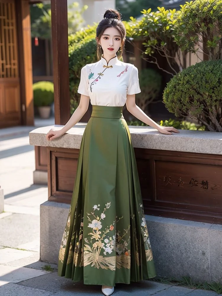 新中式国风复古绣花上衣马面裙套装2025夏季新款短袖衬衣日常可穿