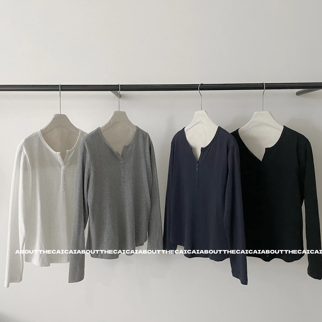 CAICAI内搭V领长袖T恤女秋季新款韩系简约高级感叠穿百搭上衣
