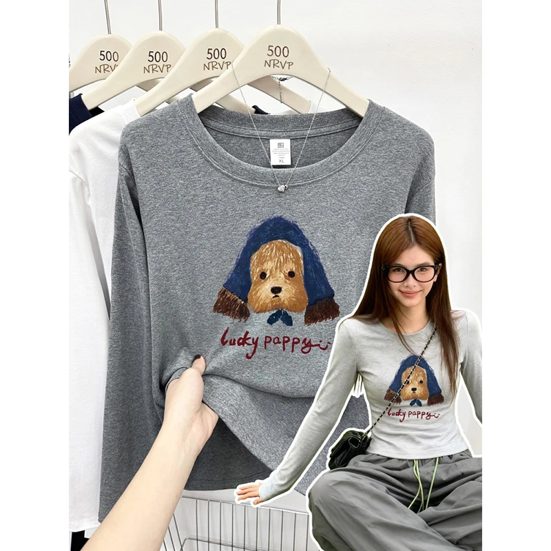 秋冬圆领可爱小狗印花正肩长袖T恤女修身高弹力棉大码女装上衣ins