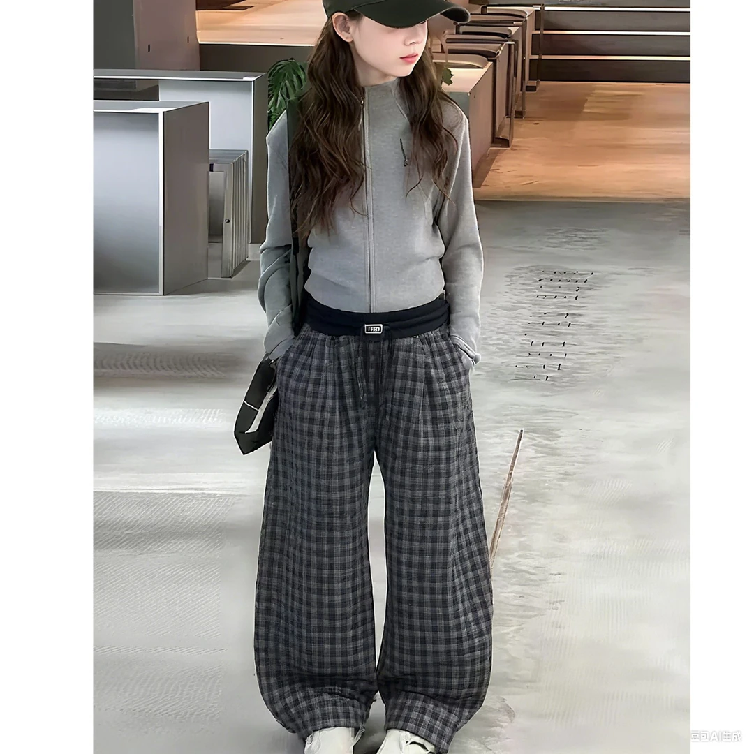女童秋季新款两件套装休闲纯色拉链上衣格子弯刀裤休百搭两件套