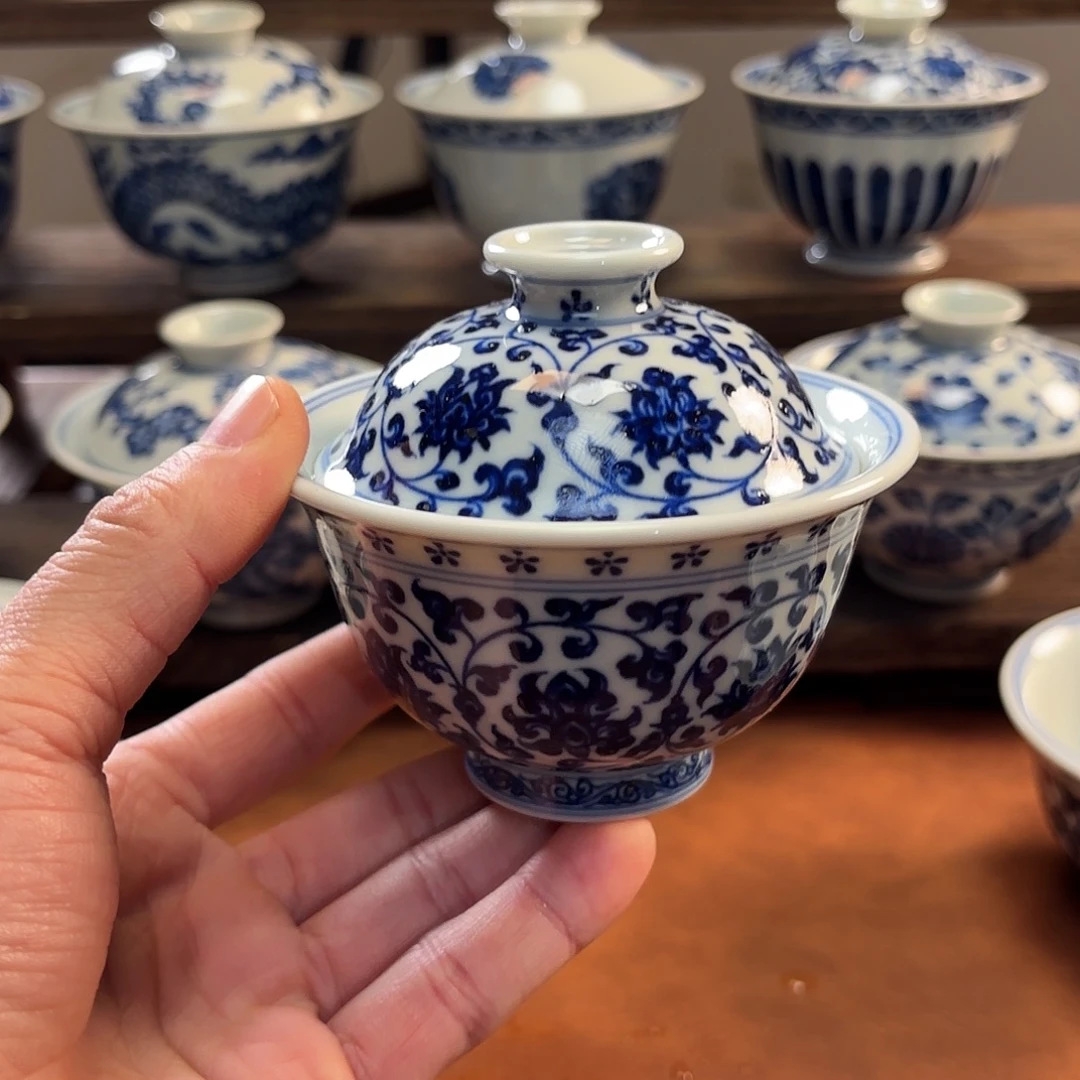 皓***青景德镇纯手工手绘青慧缠枝莲盖碗