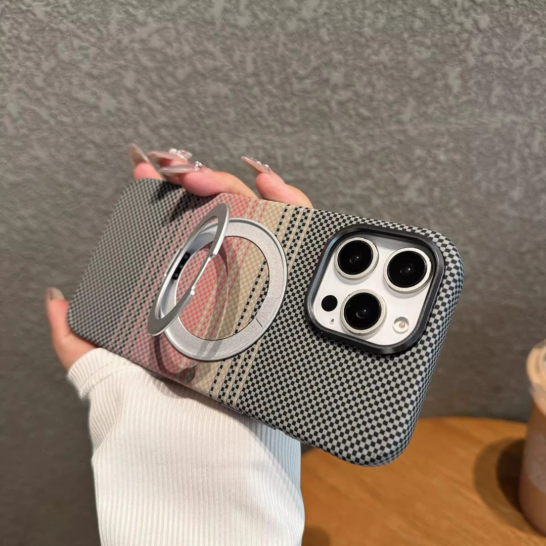 凯夫拉纹360旋转磁吸支架适用苹果16Pro碳纤维纹手机壳带支架硬壳