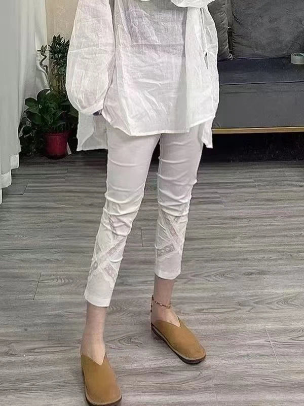 拼接蕾丝纸皮裤女松紧腰显瘦镂空八分裤夏季薄款