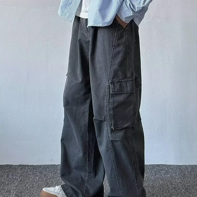 灰色水洗工装裤春秋款男生宽松直筒垂感长裤日系秋季慵懒风裤子男