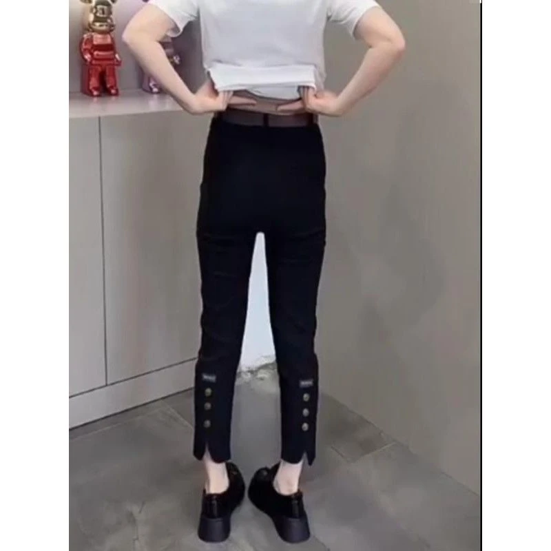 高品质八分烟管裤女C四面弹力高腰显瘦直筒裤春秋新款女裤黑色