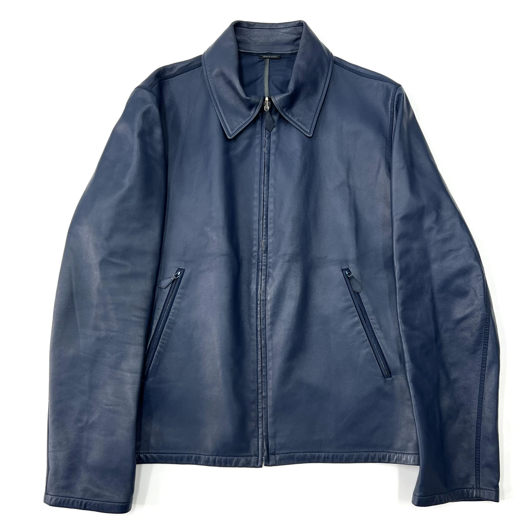 99新 Hermes/爱马仕 98新 蓝色羔羊皮 拉链皮衣外套 48码/0885/