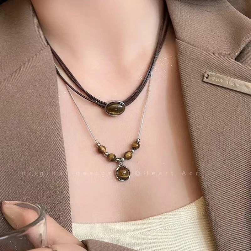 合金项链 美拉德皮革防虎眼石项链女中式叠戴choker颈链百搭气质