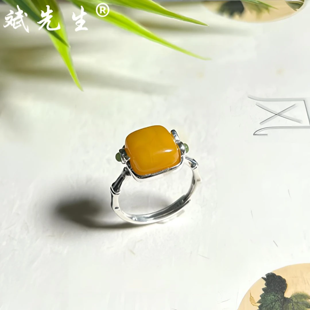 【斌先生】天然蜜蜡 925银方糖竹叶戒指 开口可调节