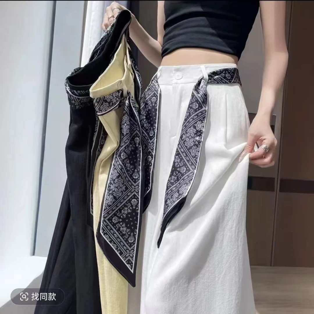 【丝巾+现货+运费险】2025夏季垂感显瘦女裤直筒慵懒风休闲阔腿裤