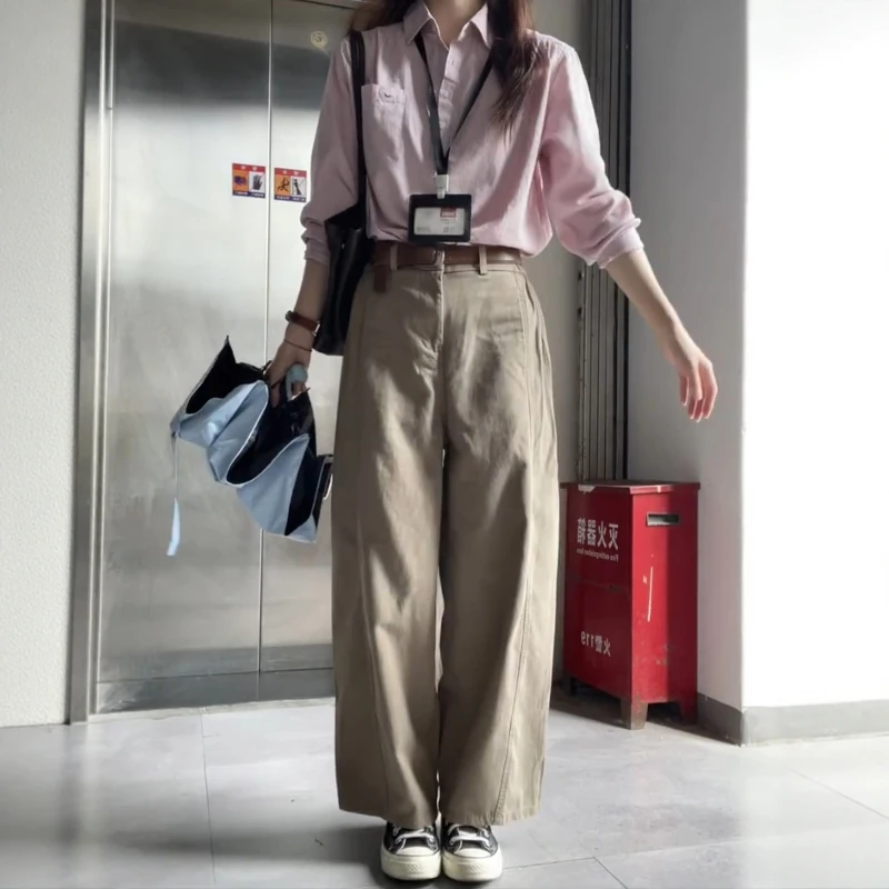 卡其色设计感拼接阔腿裤女2025夏季新款高腰遮跨显瘦休闲九分裤子