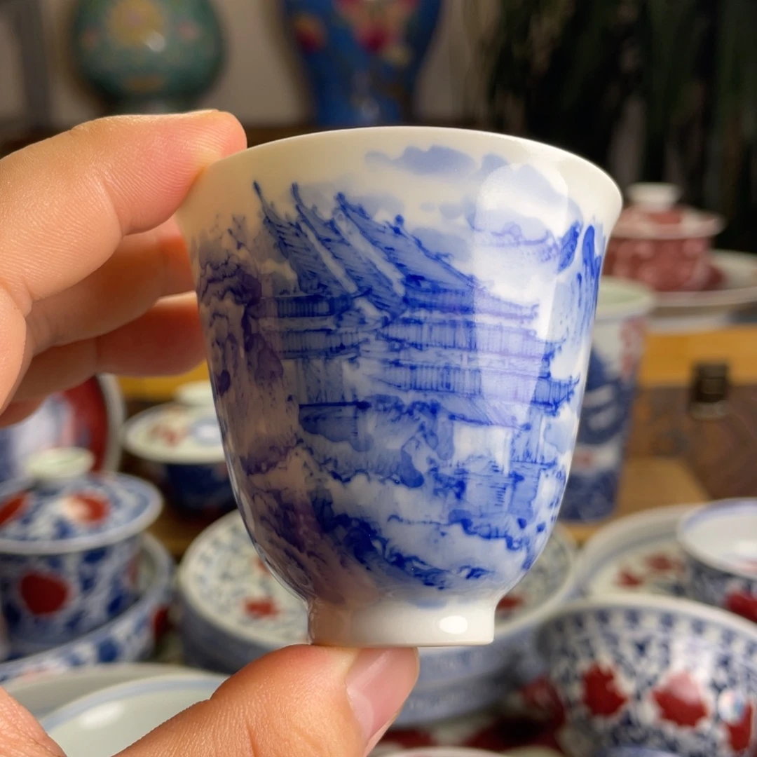 青花山水亭台楼阁闻香杯