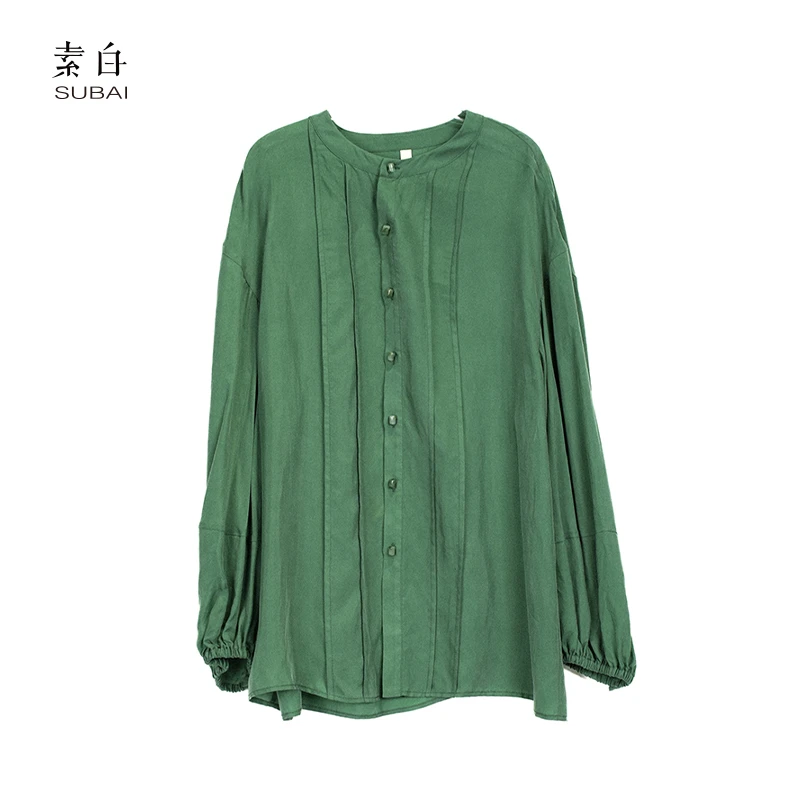 素白【清筠】国风圆领宽松休闲气质铜氨丝长袖衬衫SB2502CS01129