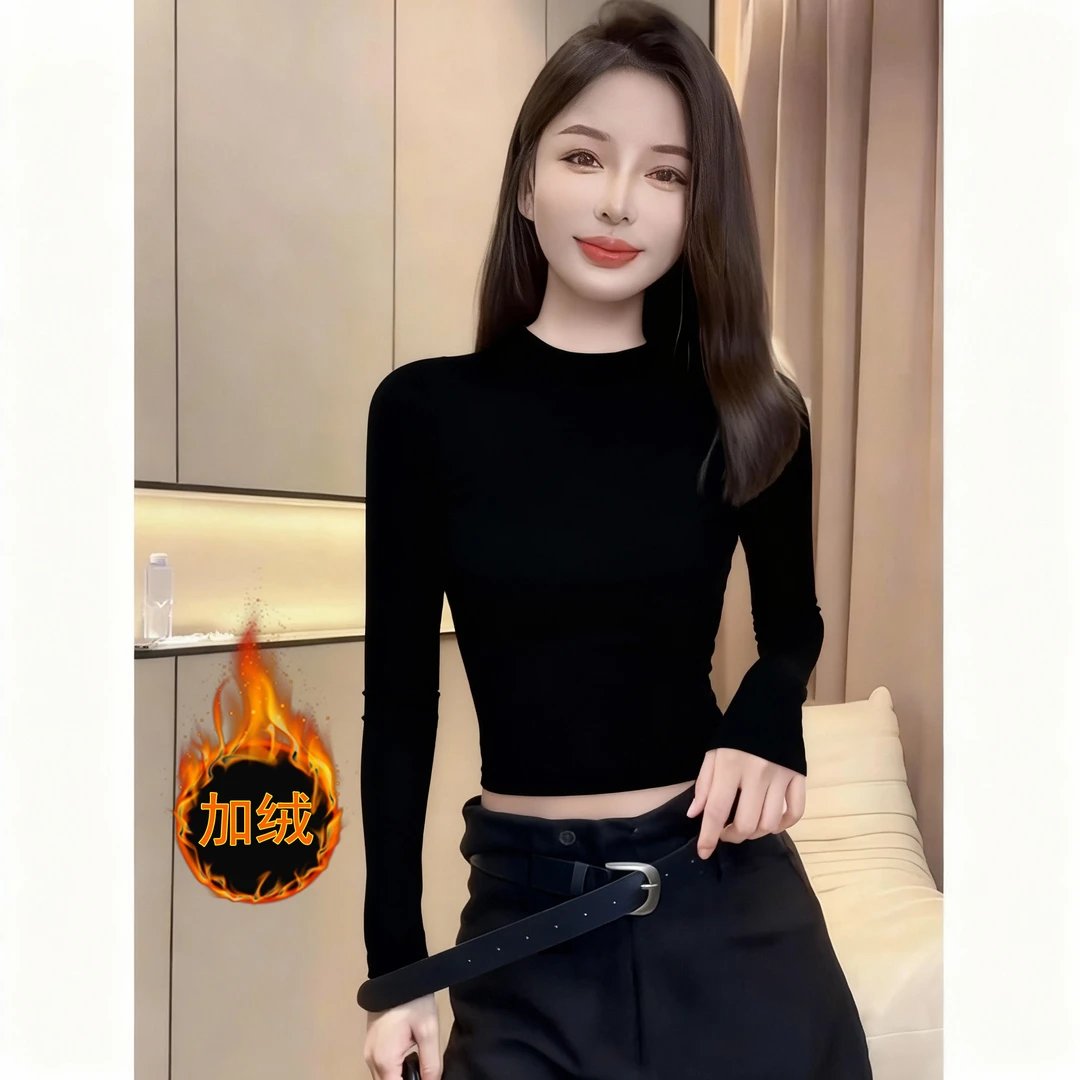 白色薄绒半高领打底衫女内搭秋冬新款紧身百搭长袖短款辣妹上衣潮