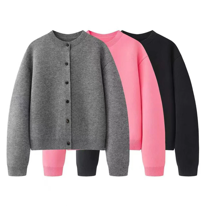 2025冬季新款百搭宽松纯色气质圆领针织衫开衫毛衣外套内搭上衣女