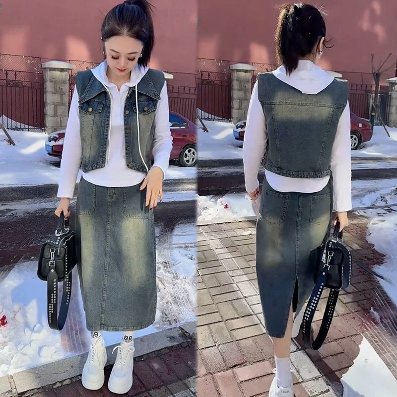 时尚2025春季牛仔马甲半身裙套装女大码宽松洋气网红帽衫三件套潮