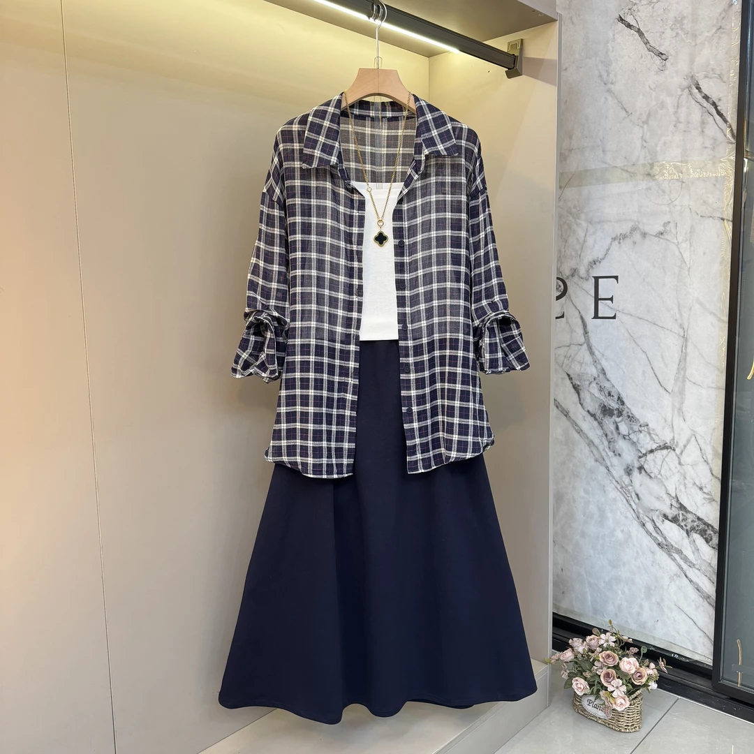 2025韩系休闲度假风格子长袖防晒衬衫+吊带背心+半身裙三件套8900