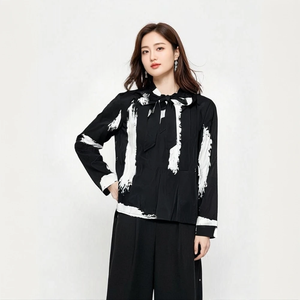 677  GZ韩版印花气质翻领衬衫上衣设计感衬衣女春N2