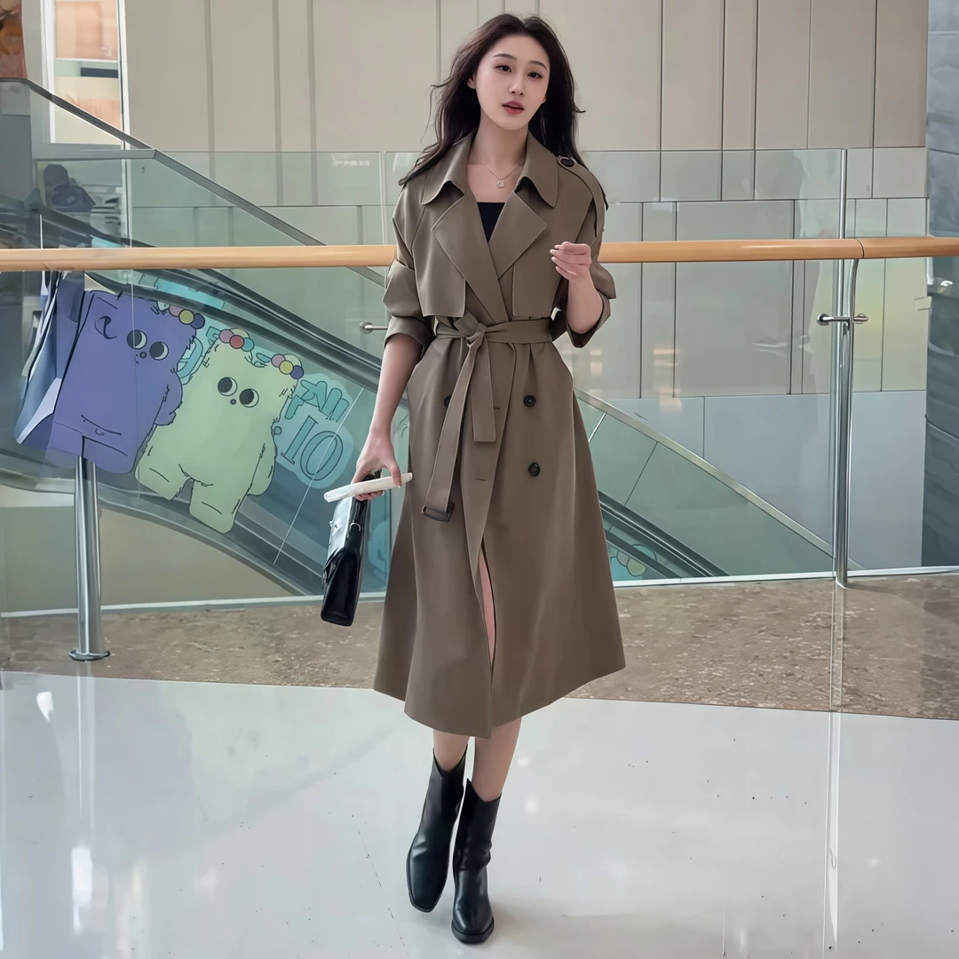 小个子风衣外套女中长款2025春秋新款韩版气质收腰系带绿色大衣