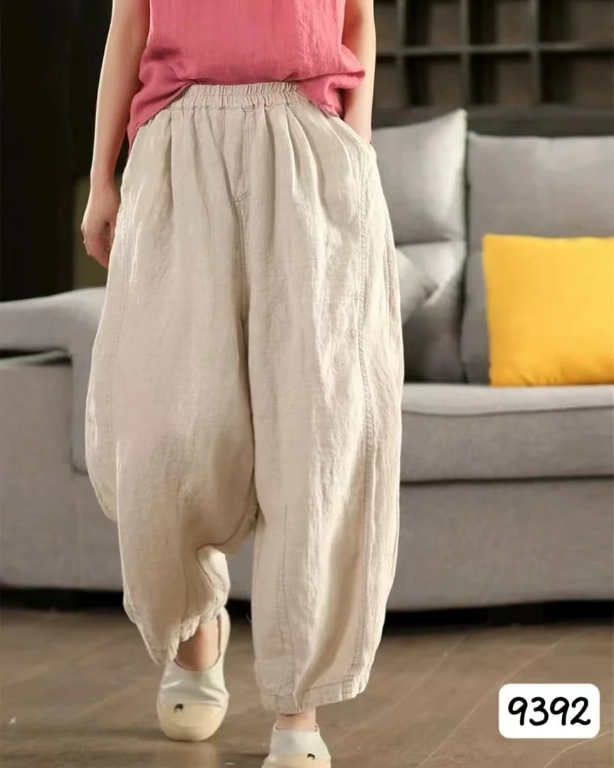 【麻露】韩版时尚雨露亚麻砂洗纯色简约弯刀裤松紧腰宽松百搭潮流款