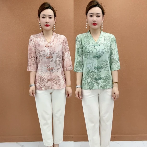 新款立领七分袖上衣修身时尚妈妈小衫减龄百搭