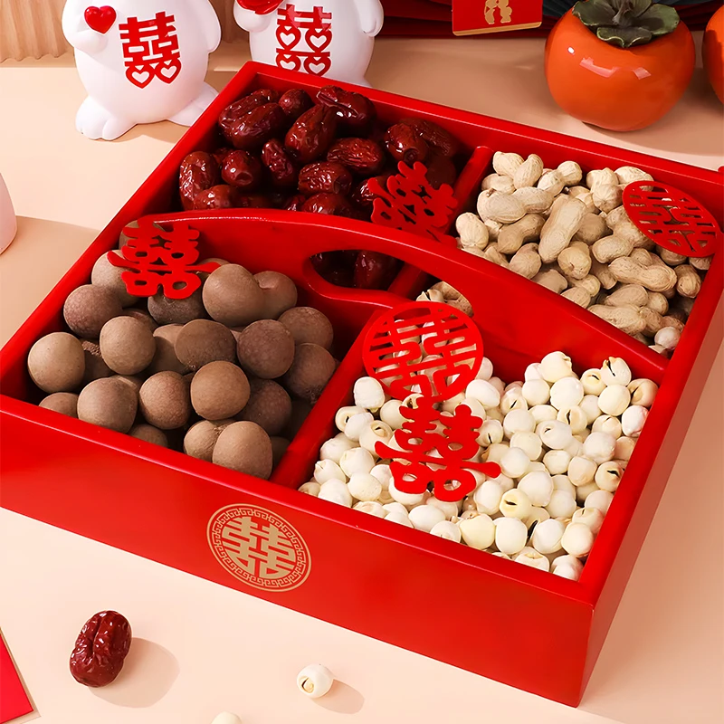 早生贵子磨具四宫格实木压床摆件红色婚床干果收纳盒结婚用品大全