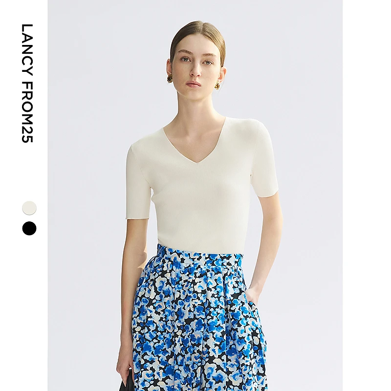 朗姿2025年夏季新款气质高级感毛针织衫法式毛衣v领白色上衣内搭