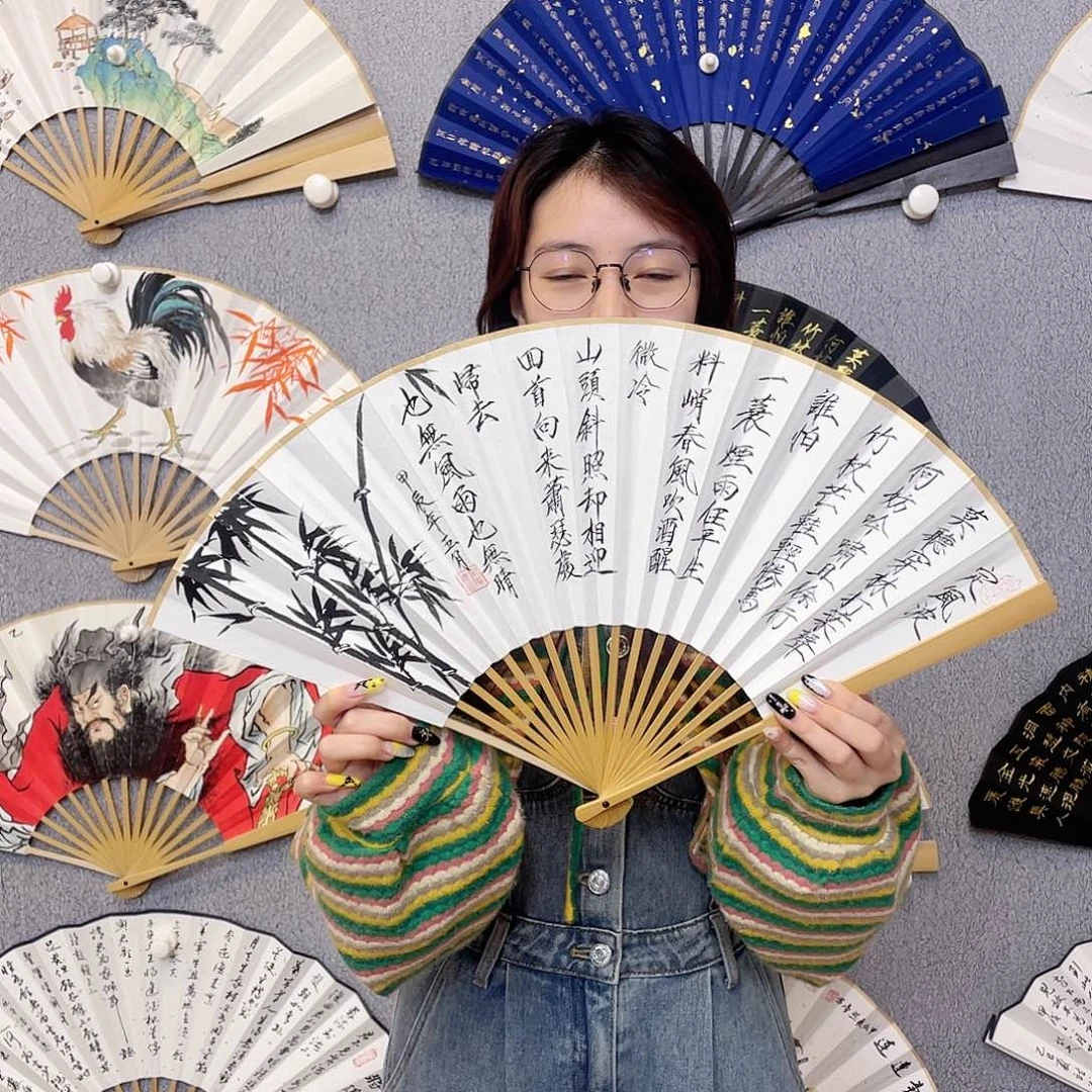 书法95寸水磨玉竹纯手绘-文玩扇骨（默认粘好）