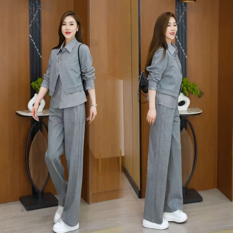 女士时尚休闲运动假两件上衣阔腿裤2025春季新款洋气显瘦两件套装