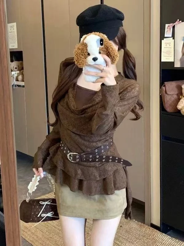 6855不带腰带美拉德蕾丝钩花镂空荡领长袖T恤女不规则上衣