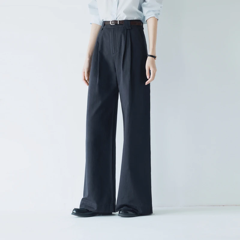 伊芙丽带腰带经典百搭亚麻棉感质感灰色直筒拖地长裤春1G2951151