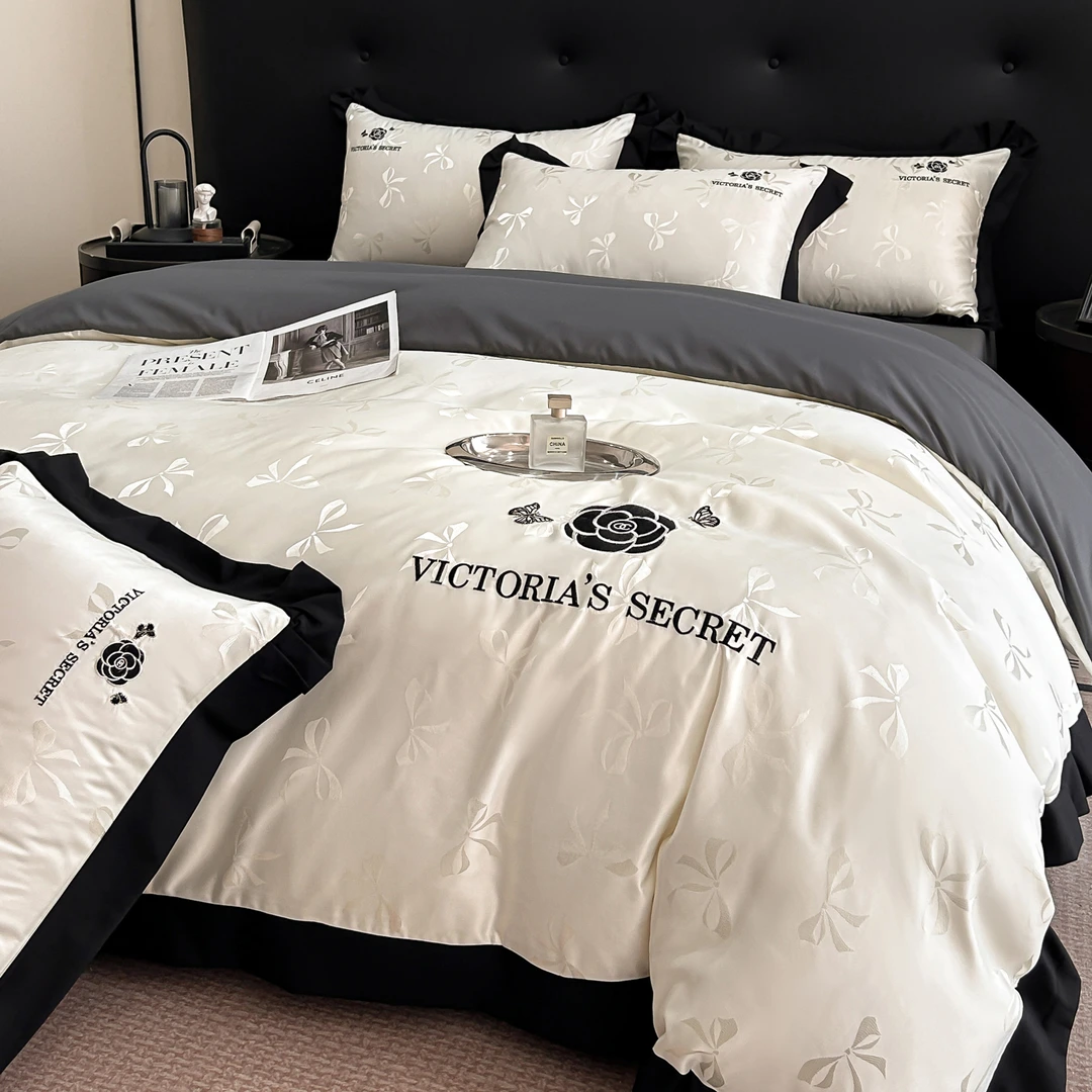 轻奢满版提花水洗棉四件套高档欧式花边刺绣被套被罩床单床笠款