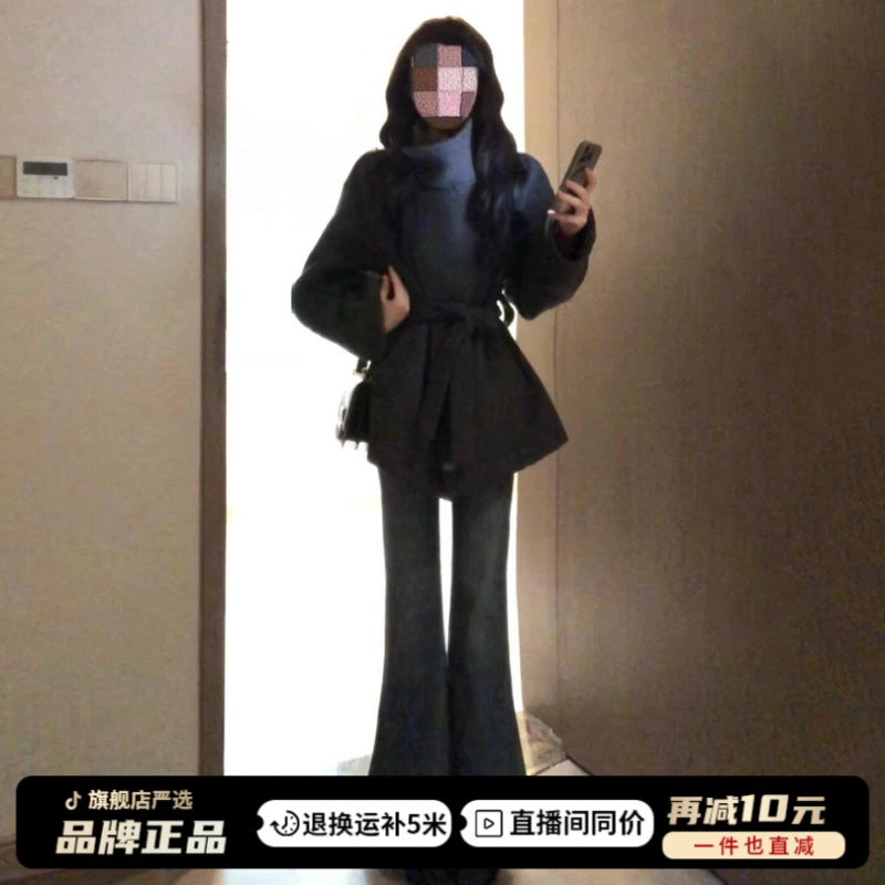 2025新款黑色立领短款毛呢外套女秋冬季爆款高级感系带收腰大衣厚