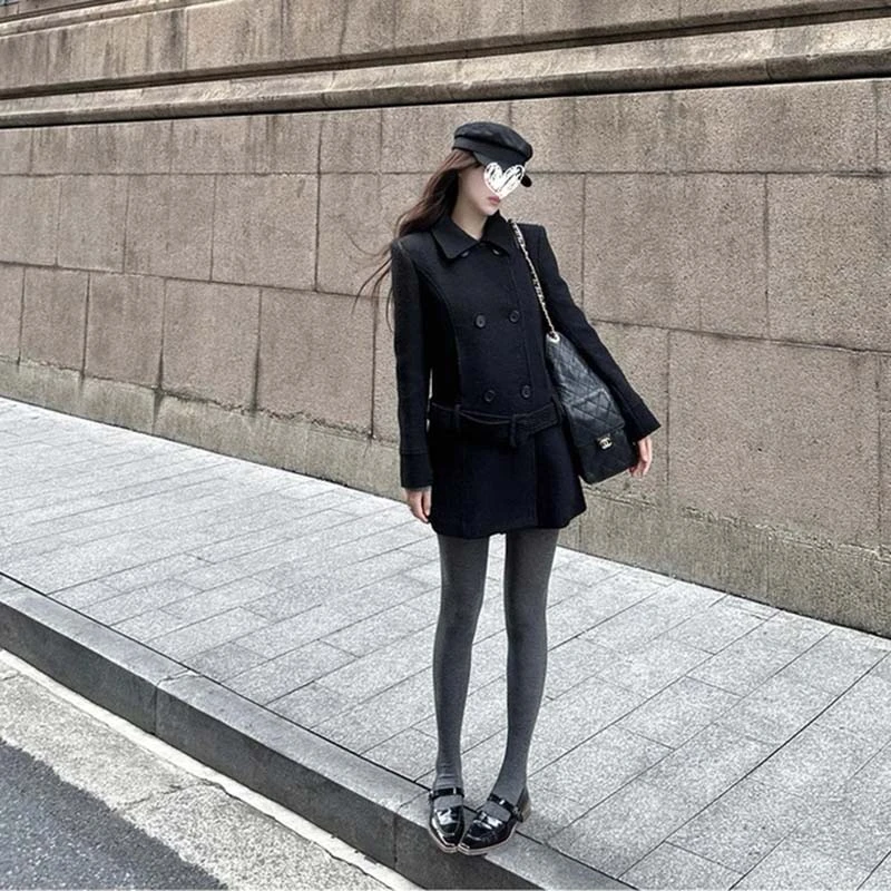 【V】【有里布】黑色外套女春秋大衣双排扣翻领宽松复古外套D3897