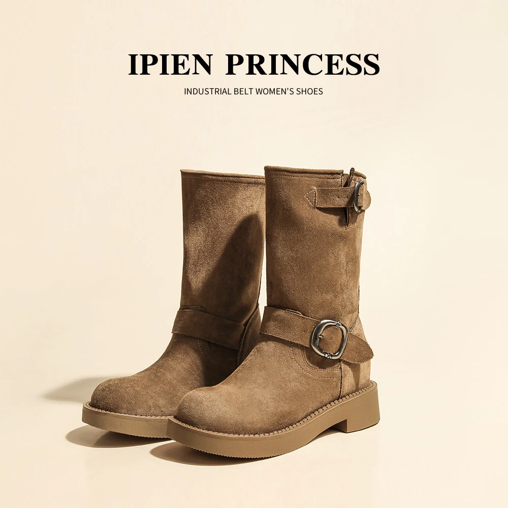 中筒马丁靴内增高女款牛仔靴2025秋季新款棕色复古西部堆堆骑士靴