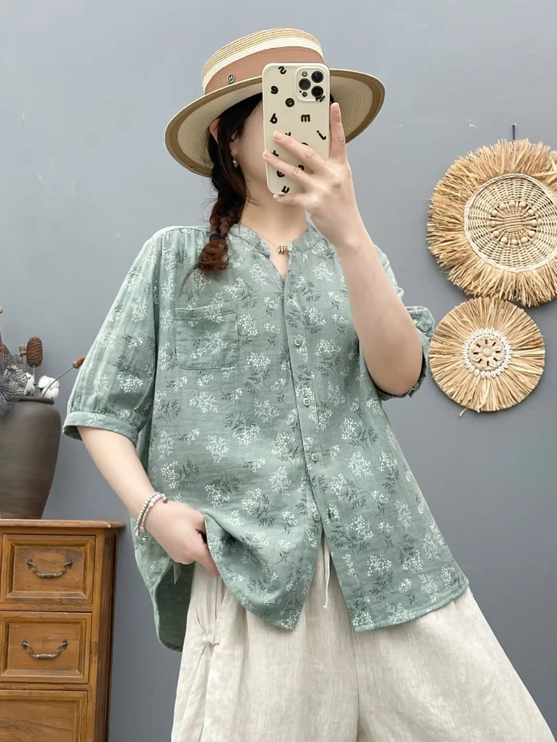 V领印花宽松型拼接其她常规衬衫薄款外套提花复古夏季宽松