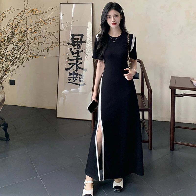 大码短袖连衣裙女夏季收腰显瘦包臀开叉长裙胖MM小众撞色气质裙子