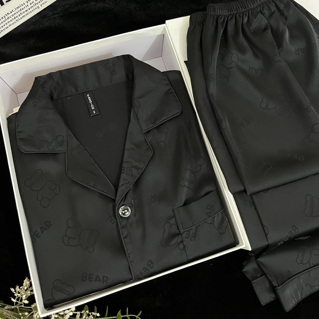 【薄款长袖】小熊黑色春秋四季丝质缎面透气休闲简约可外穿青年睡衣