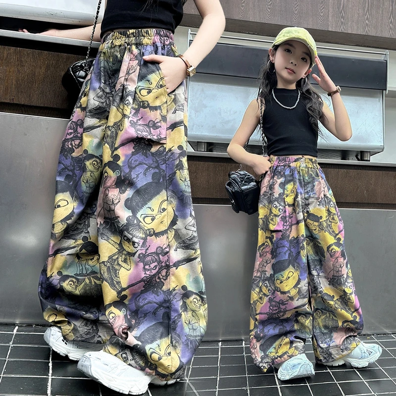 扎染渐变魔童哪吒印花直筒裤女童2025春夏新款薄款宽松百搭阔腿裤