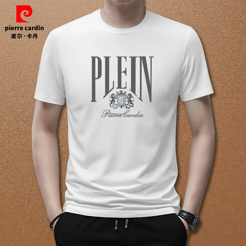 皮尔卡丹男士夏季高档男士冰丝感圆领T恤短袖潮流印花时尚百搭T恤
