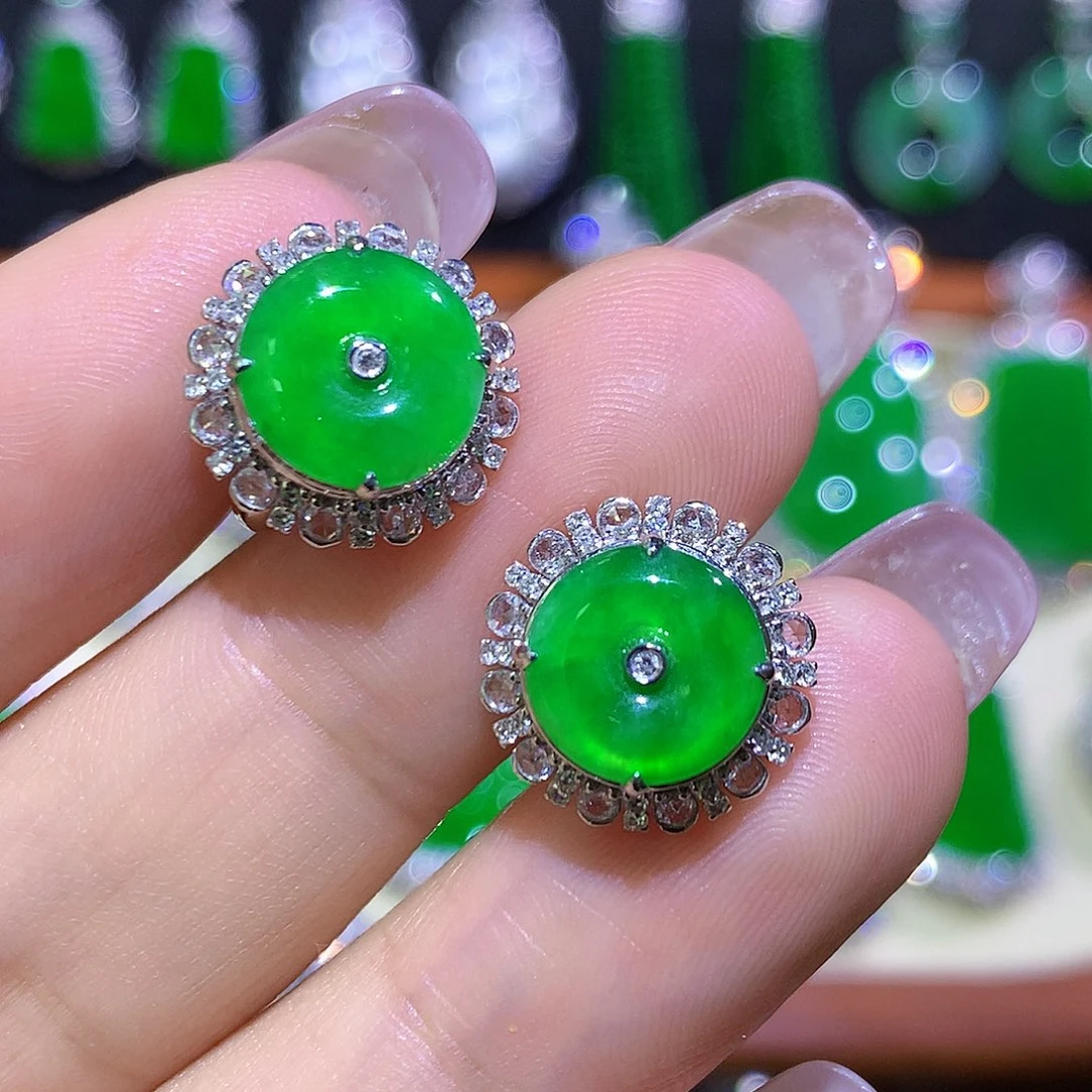 翡翠18K金镶嵌耳饰高冰满绿