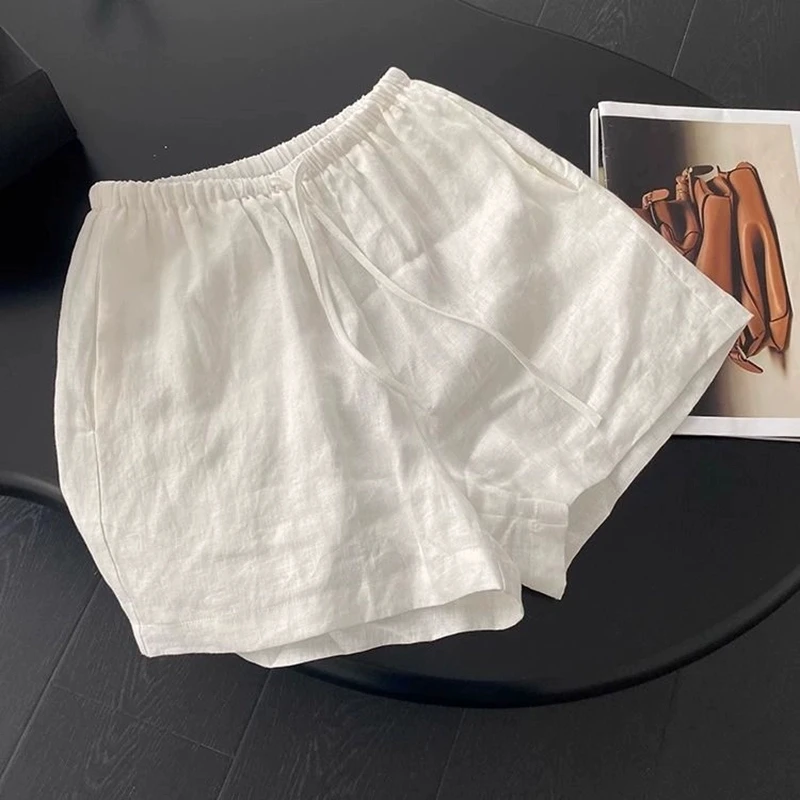 夏季薄款亚麻松紧腰抽绳直筒阔腿休闲白色宽松简约短裤女百搭显瘦