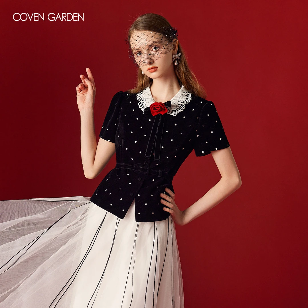 【哥文花园】黑色丝绒短袖衬衫波点 CSA3016170